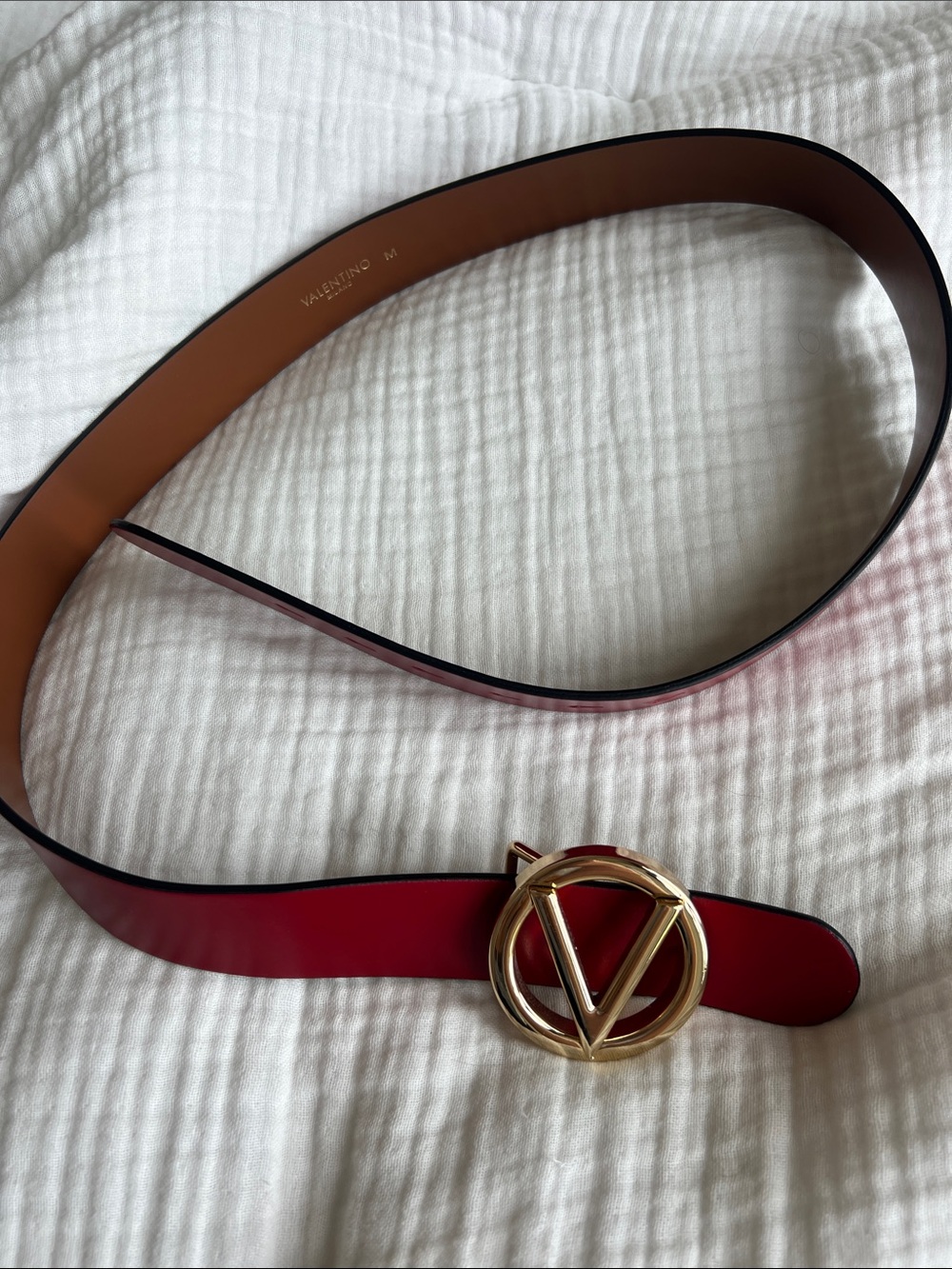Valentino Red Leather Belt with Gold V-Logo Buckle